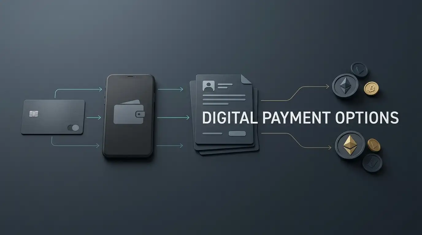 Payment desk concept with card, wallet, bank transfer and cryptocurrency symbols