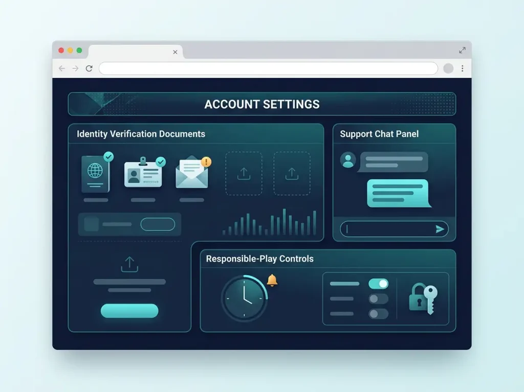 Account dashboard with identity check, support chat and player control panels