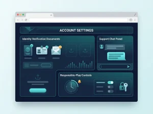 Account dashboard with identity check, support chat and player control panels