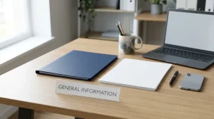 A folder, document sheets, pen and laptop laid out on an office desk