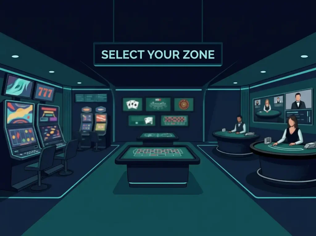 Casino lobby divided into slots, table games and live dealer areas