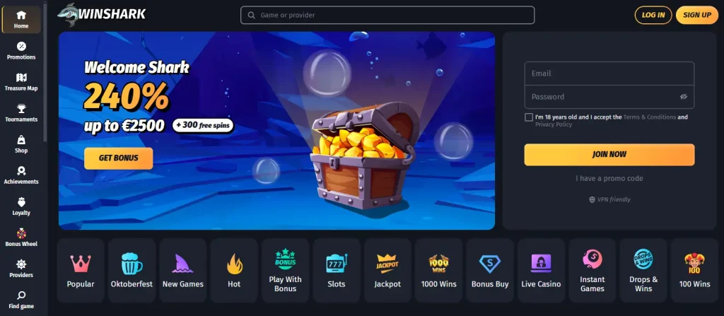 Winshark website homepage displayed in a desktop browser