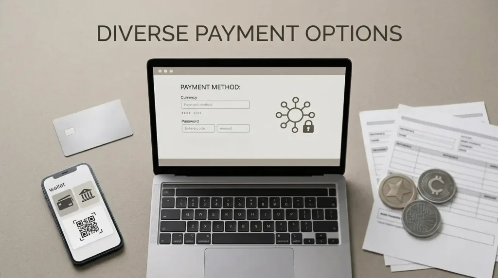 Payment cards, digital wallets, bank transfer symbols and cryptocurrency tokens arranged around a neutral payment screen