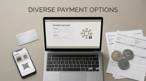 Payment cards, digital wallets, bank transfer symbols and cryptocurrency tokens arranged around a neutral payment screen